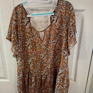 torrid Mustard Floral Flutter Sleeve Tunic with Crochet Yoke